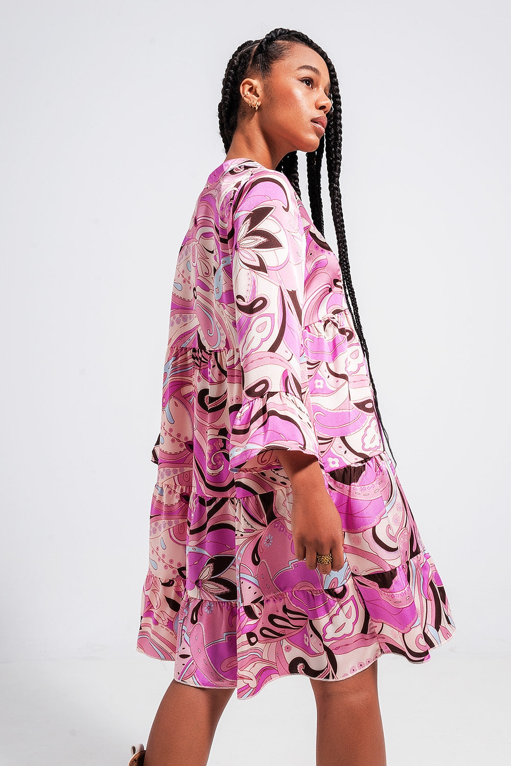 Vestido curto manga 3/4 rosa