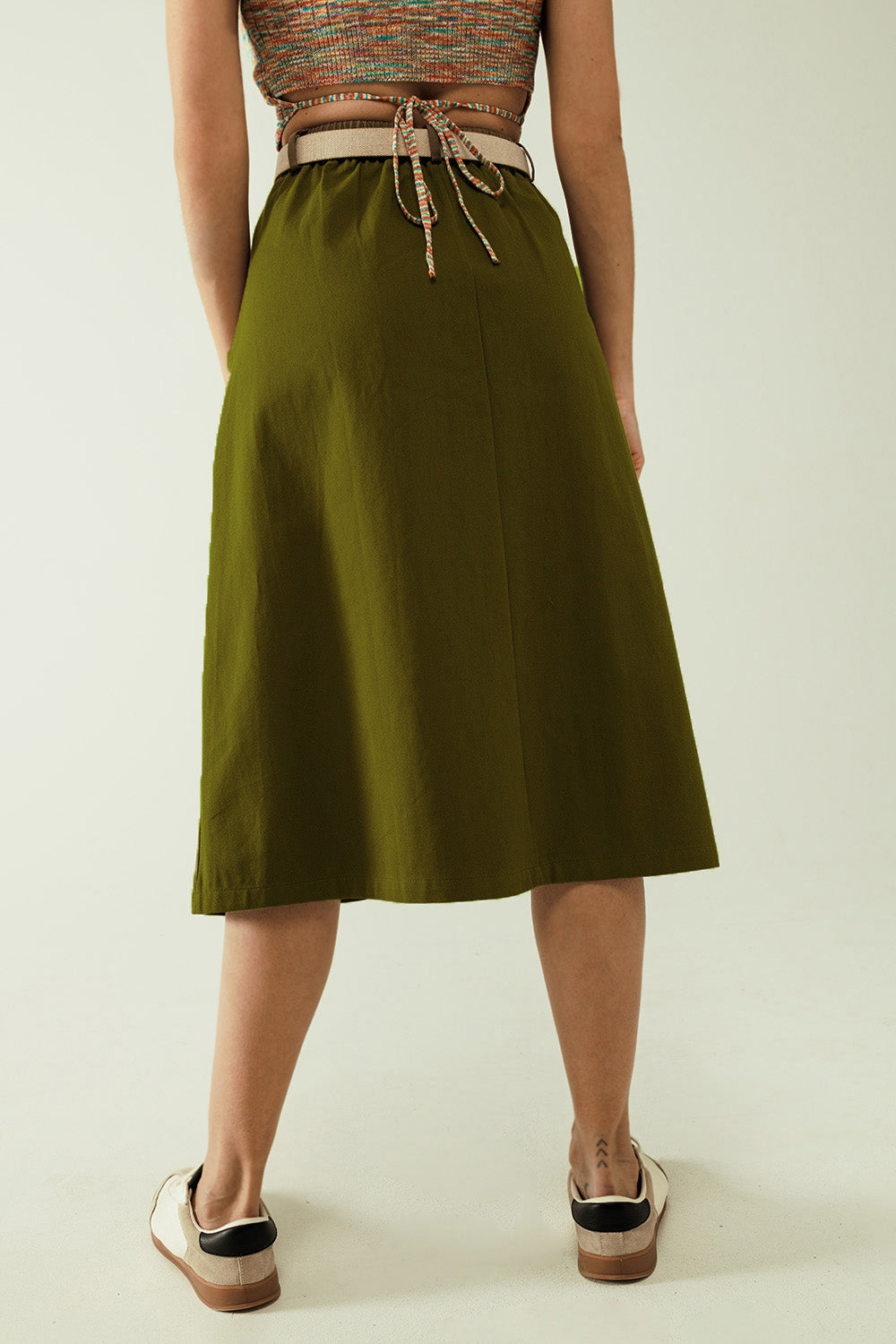 A line midi khaki skirt with pockets in khaki