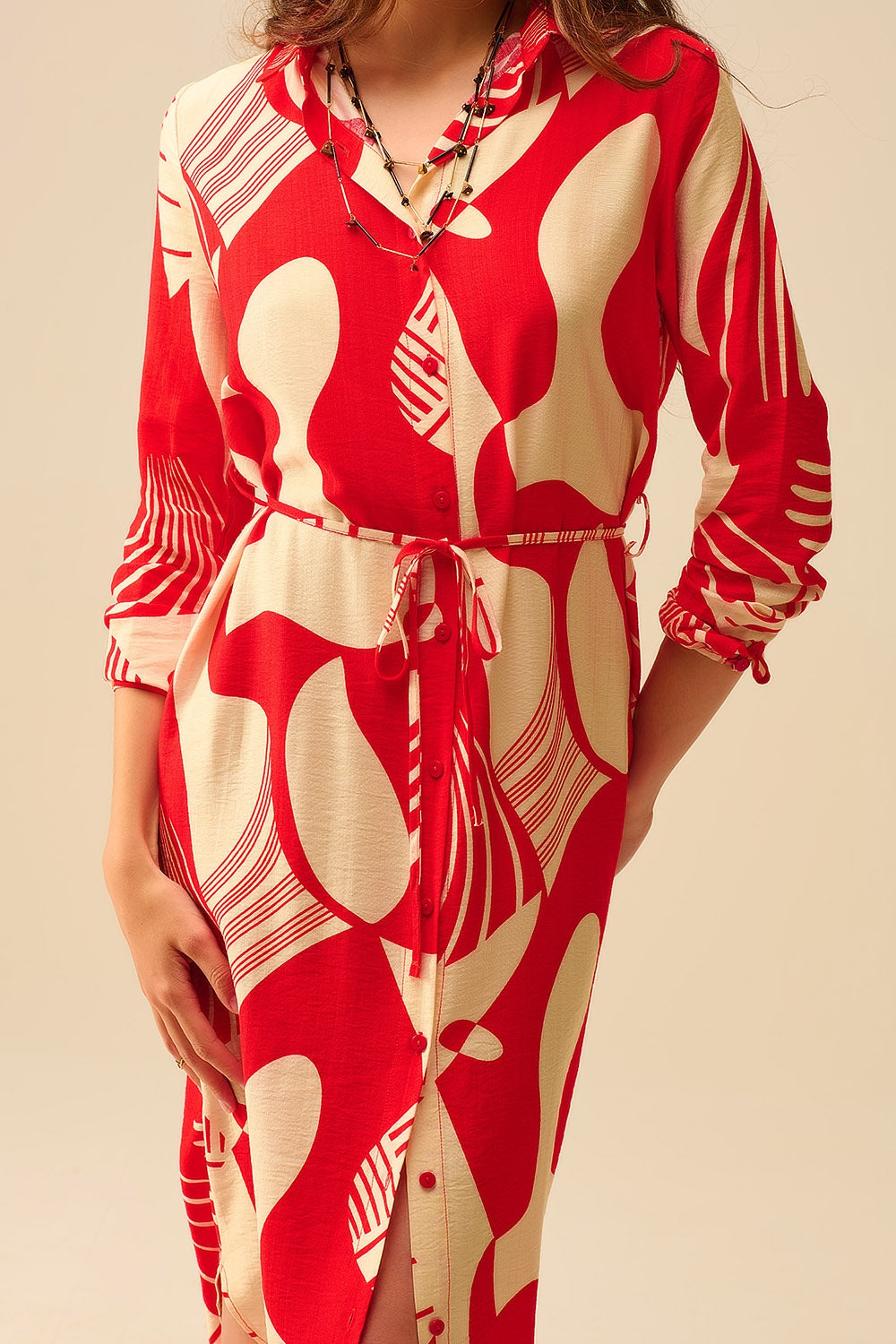 abstract print button-down dress in red