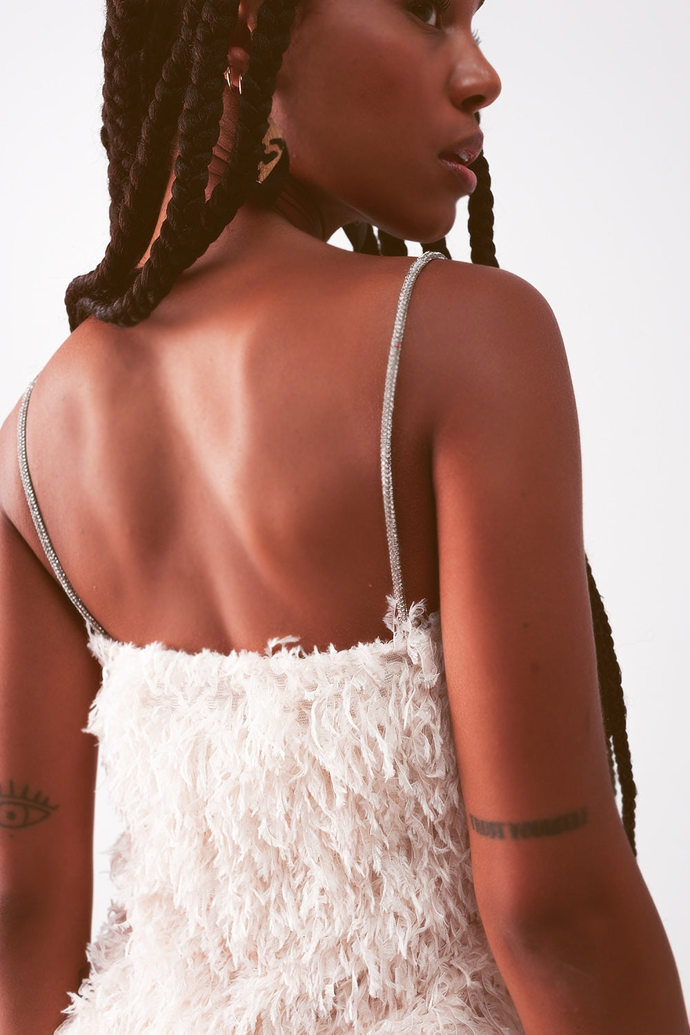 All over faux feather sleeveless mini dress in cream