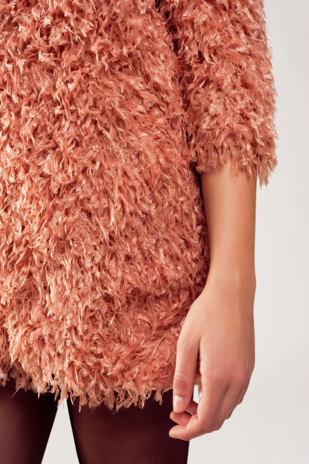 All over faux feather three quarter sleeve mini dress in pink