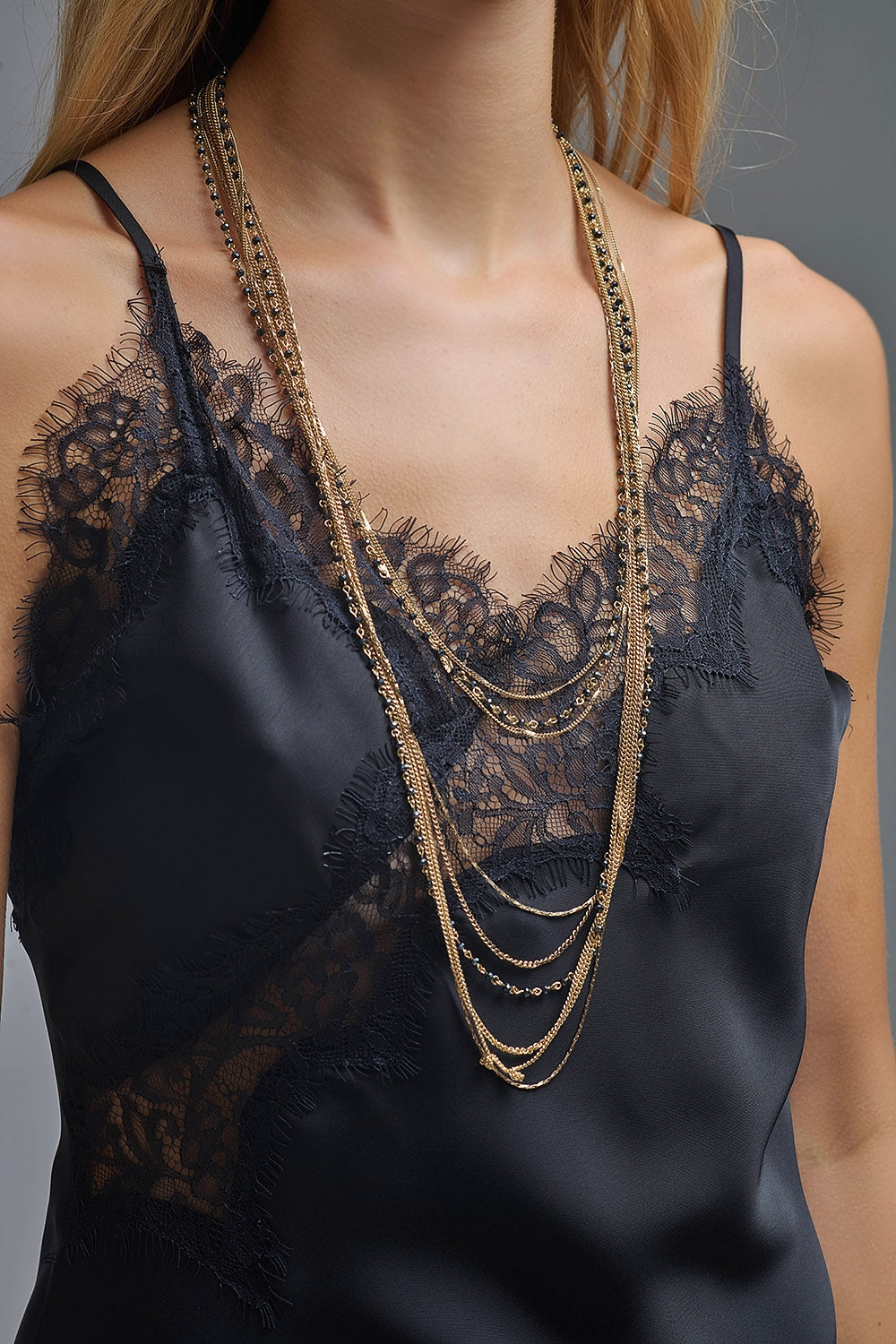 Asymetrical Satin Lace Dress in black