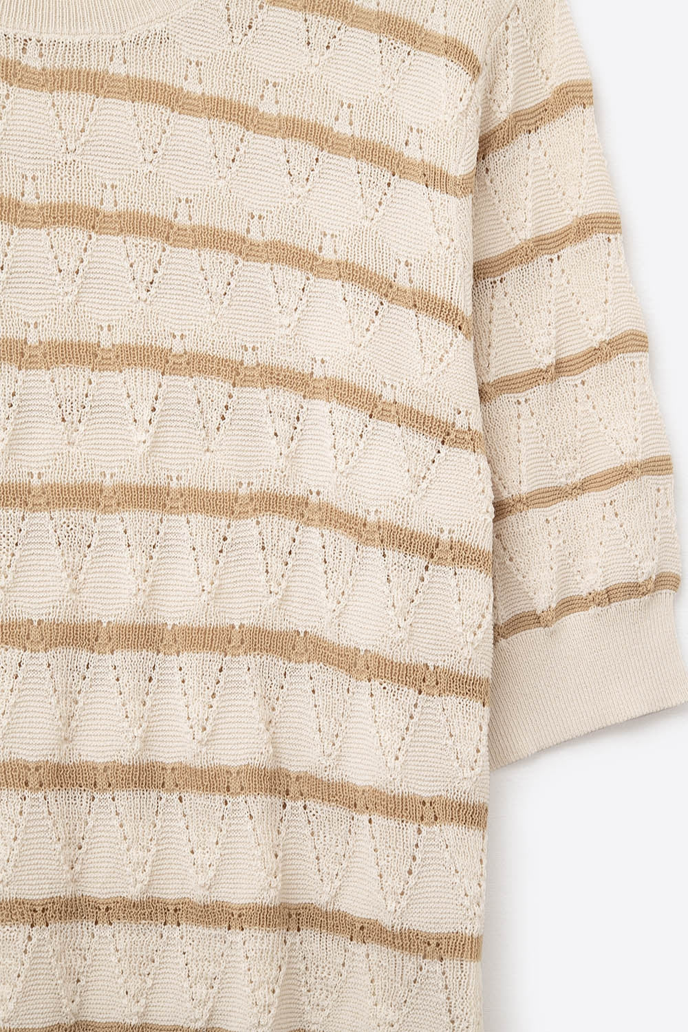 Beige Openwork Knit Top with Short Sleeves and Gold Stripes