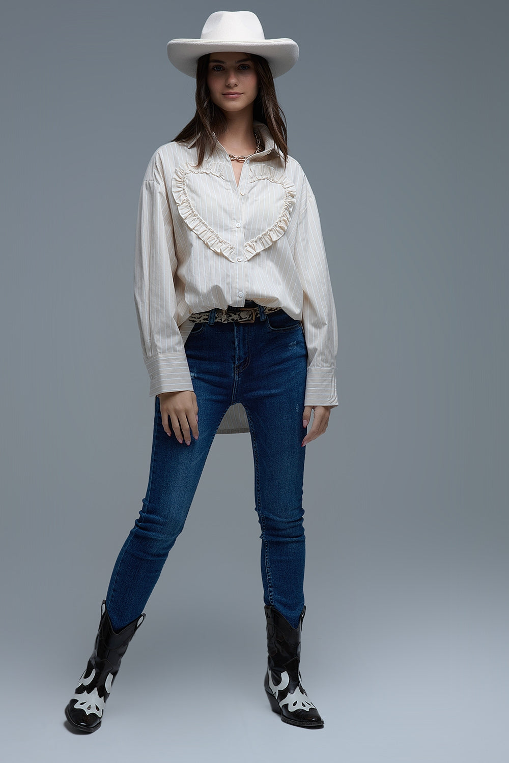 Beige Relaxed Striped Shirt With Heart Seam Detail