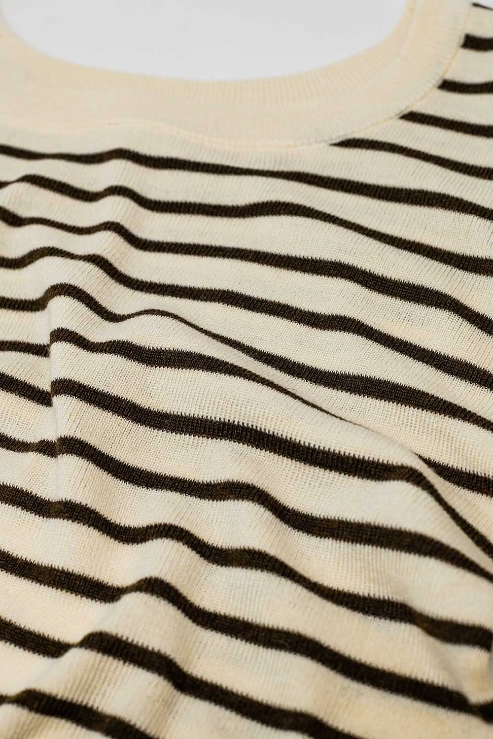 Beige striped fine knit sweater with boat neck