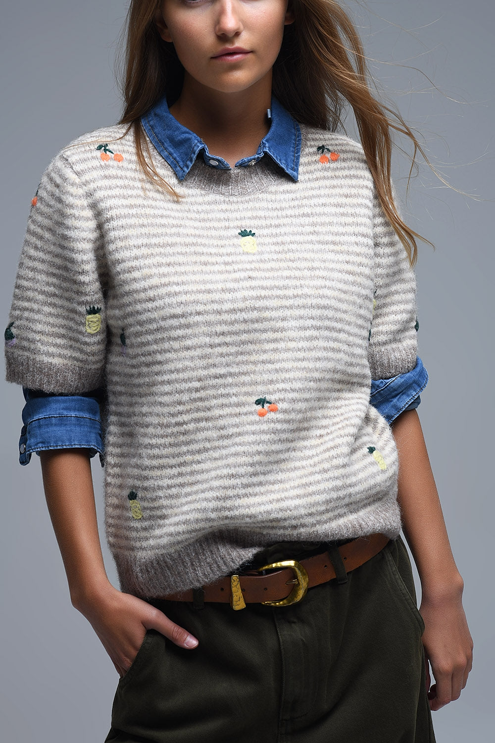 Beige Striped Short Sleeve Embroidered Sweater