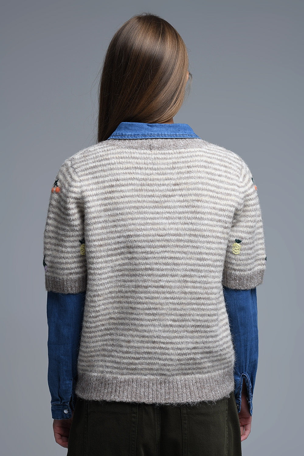 Beige Striped Short Sleeve Embroidered Sweater