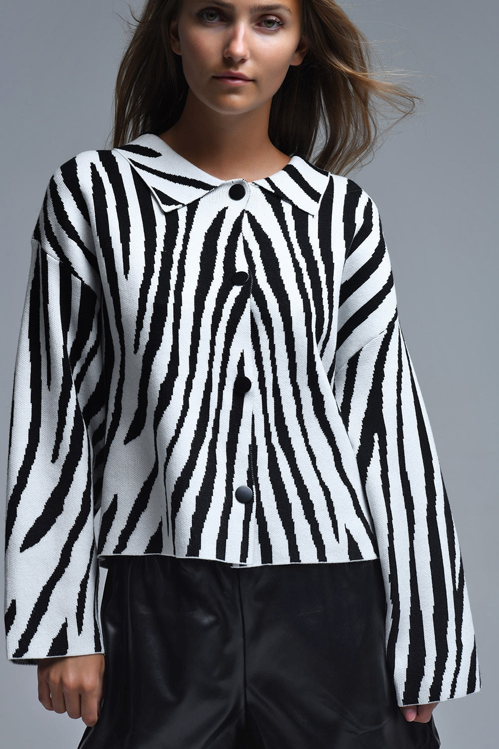 Black and White Zebra Print Polo Collar Cardigan