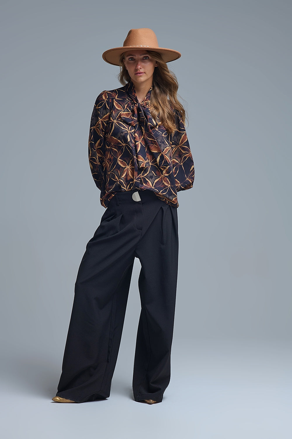 Black chiffon shirt with abstract print and knotted bow