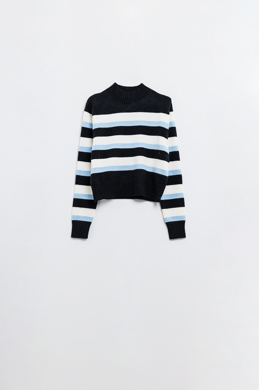 Black sweater with blue and white stripes and a high neck