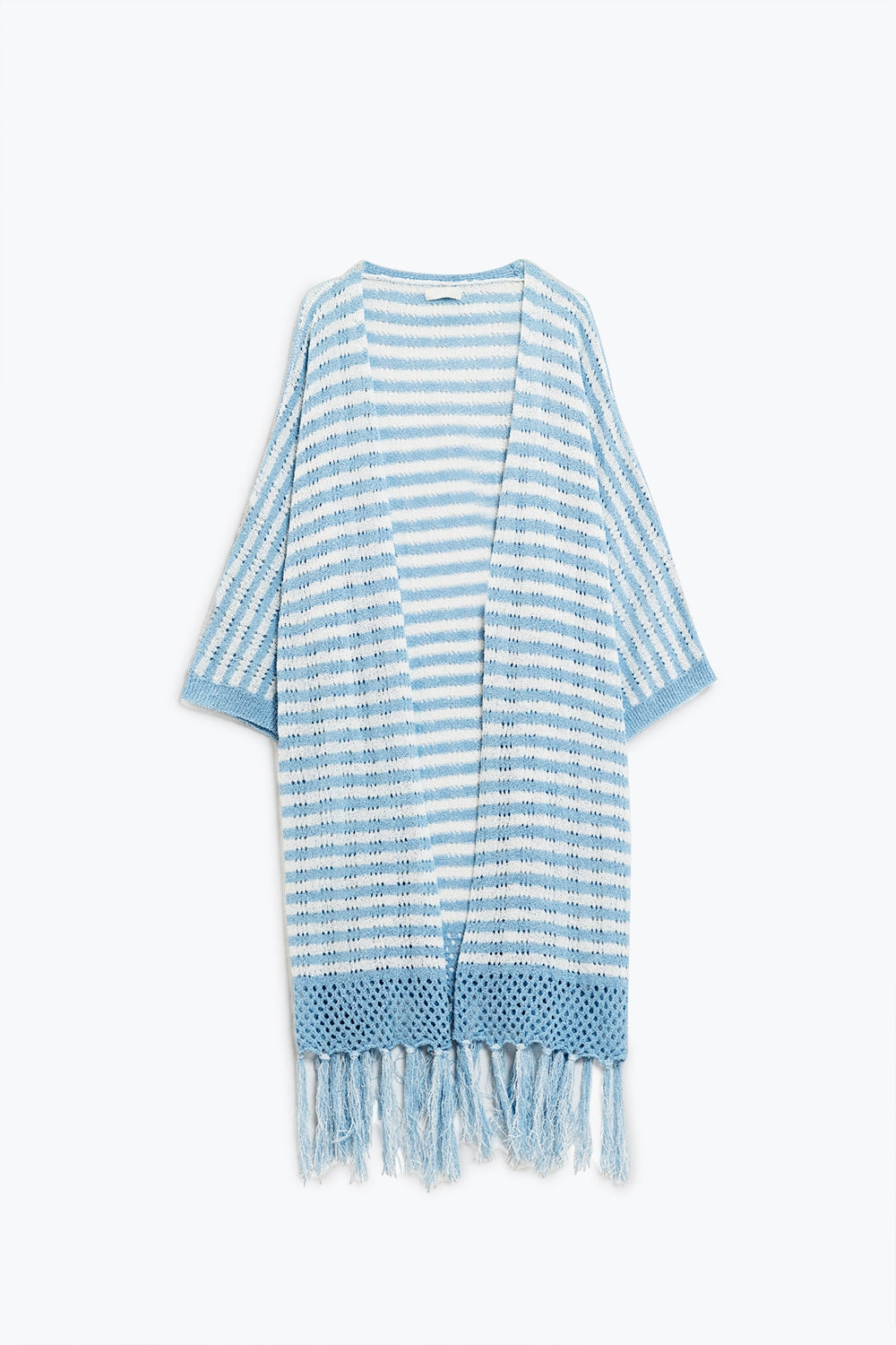 Blue Boho Style Cardigan With Stripes Pointelle Knit and Fringe Details