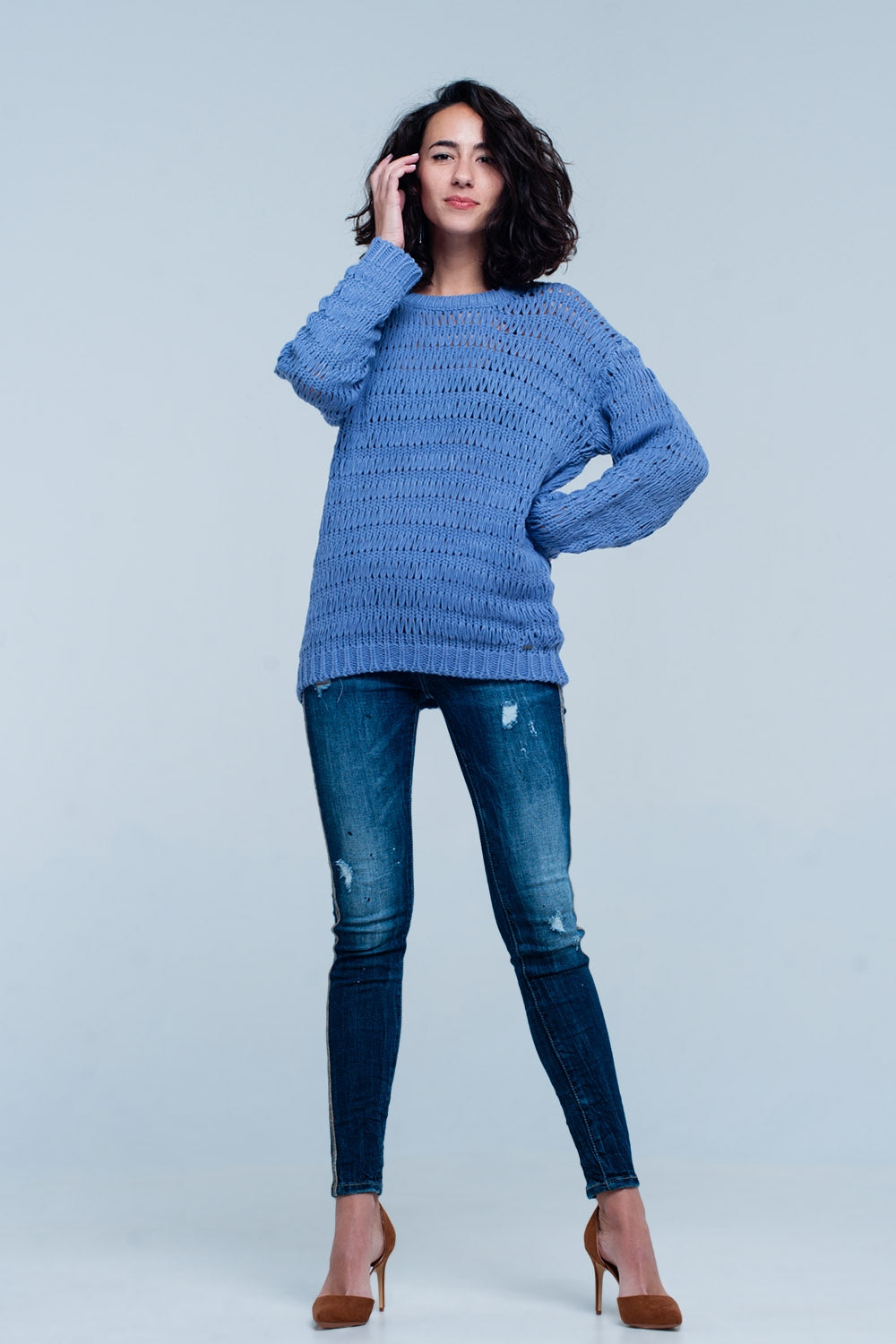 Blauwe Dropstitch gebreide trui