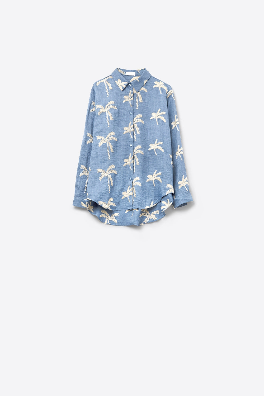 Blue Shirt with beige Palm Tree Embroidery