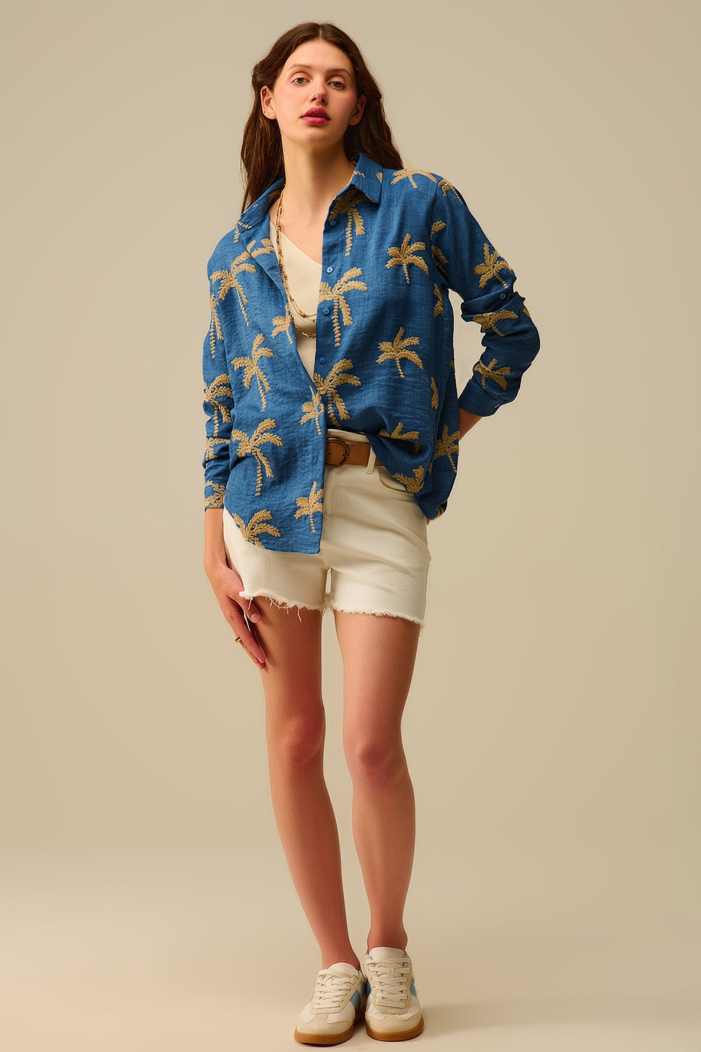 Blue Shirt with beige Palm Tree Embroidery