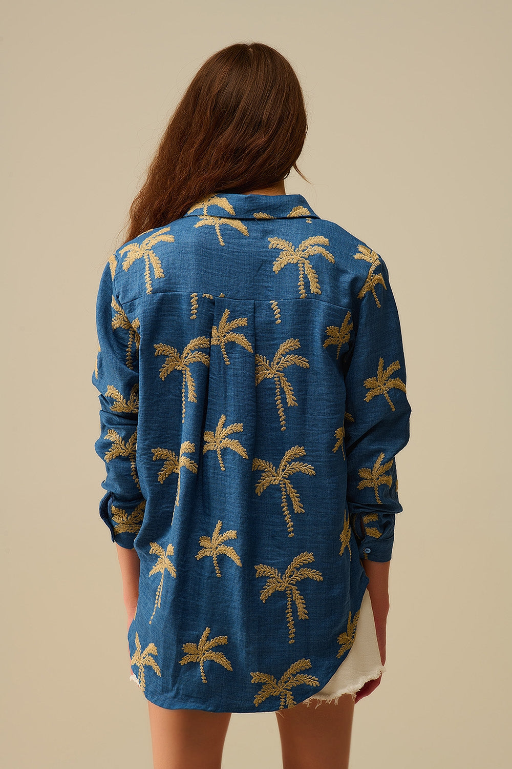 Blue Shirt with beige Palm Tree Embroidery