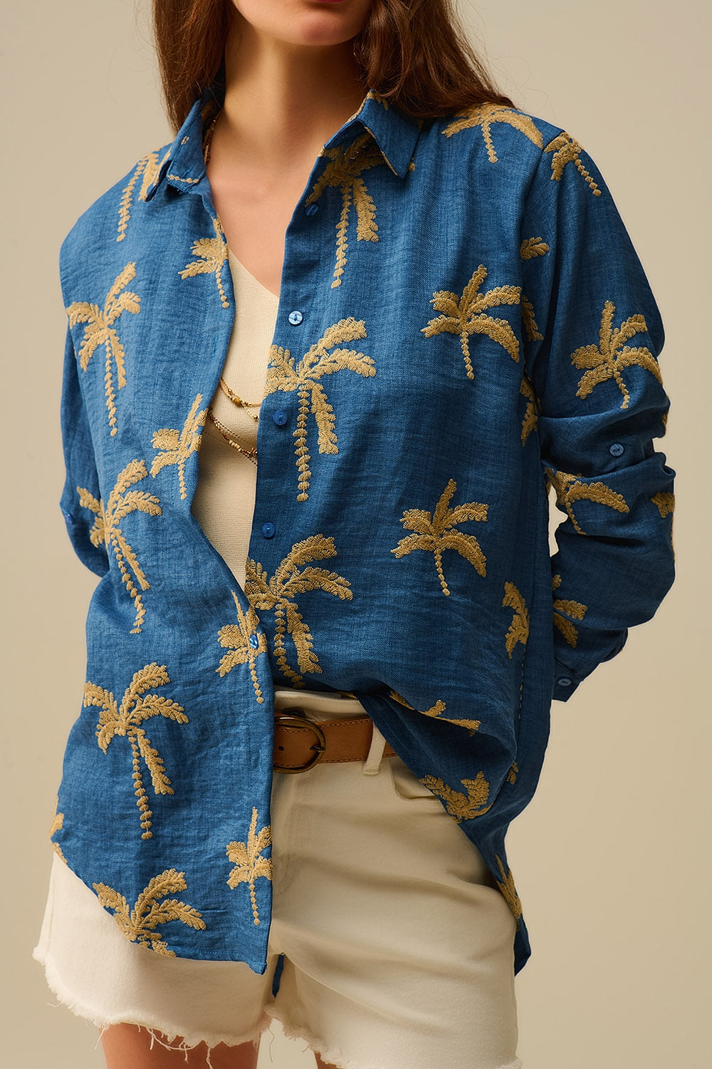Blue Shirt with beige Palm Tree Embroidery
