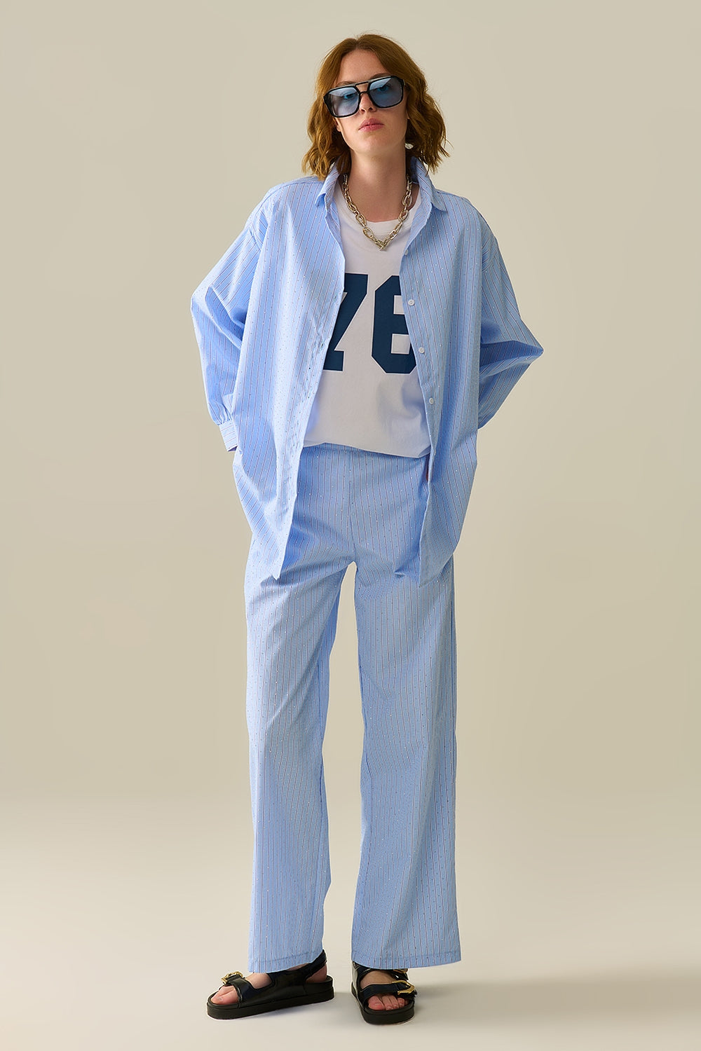 blue striped poplin shirt embellished with strass