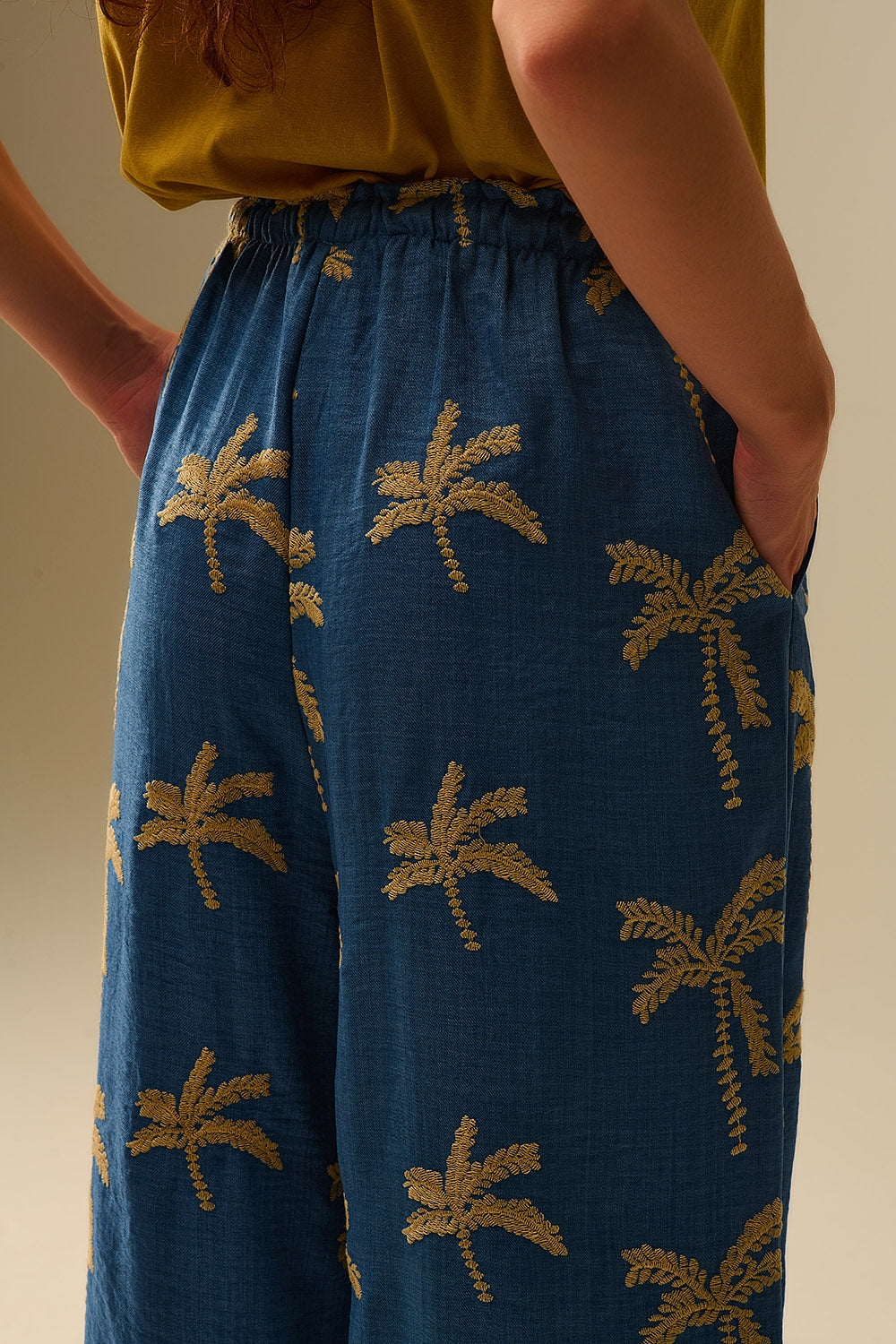 Blue Wide-Leg Trousers with beige Palm Tree Embroidery