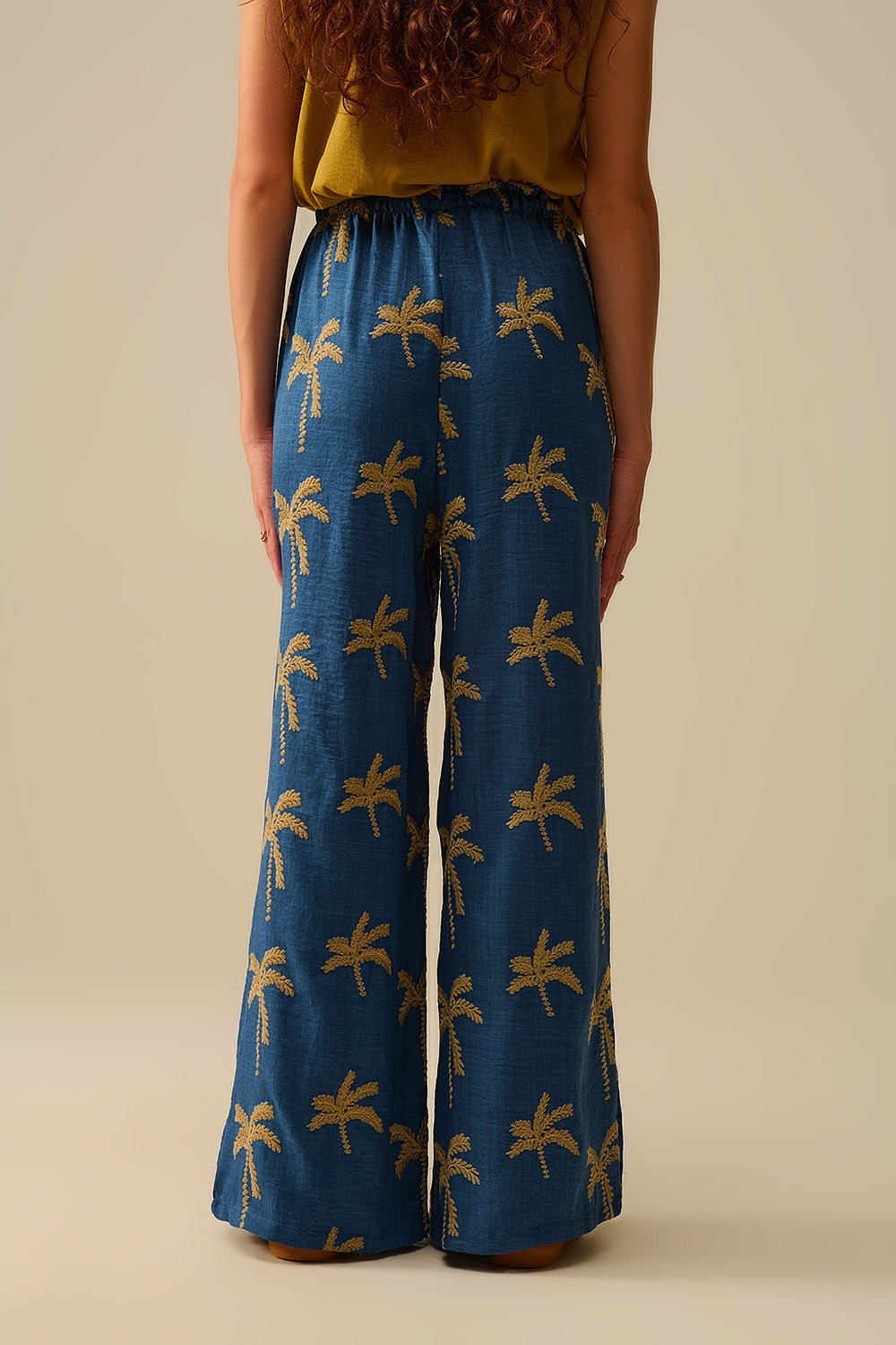 Blue Wide-Leg Trousers with beige Palm Tree Embroidery
