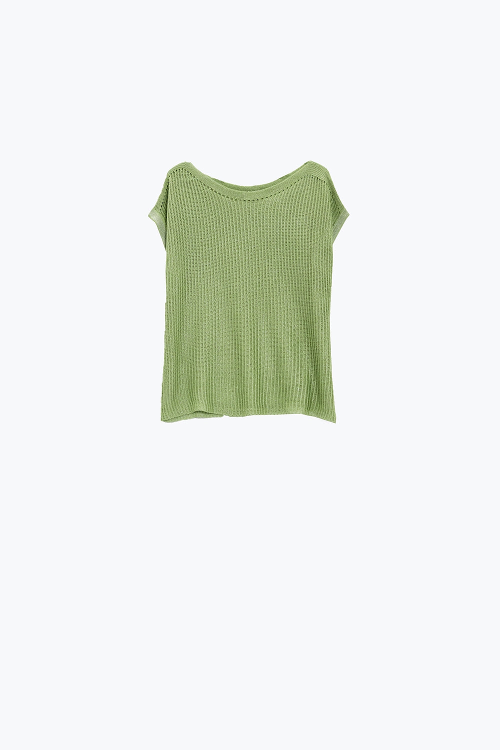 Boat Neck Ribbed Sweater With Cap Sleeves in Green