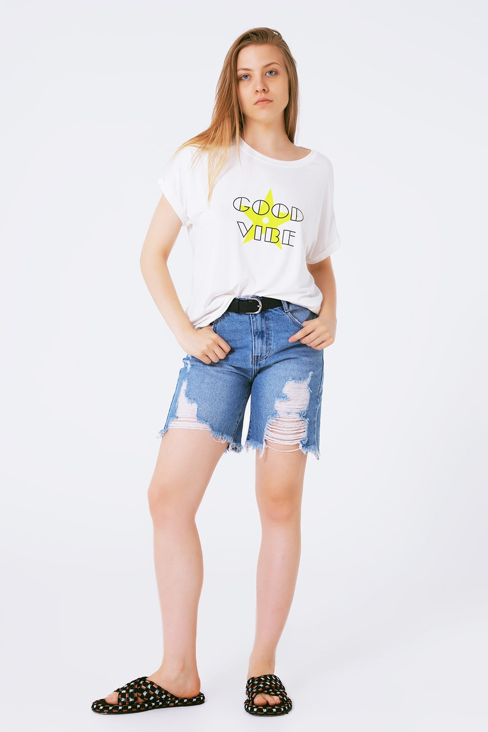 T-shirt com decote em bico e corte descontraído, fluor, logo good vibe
