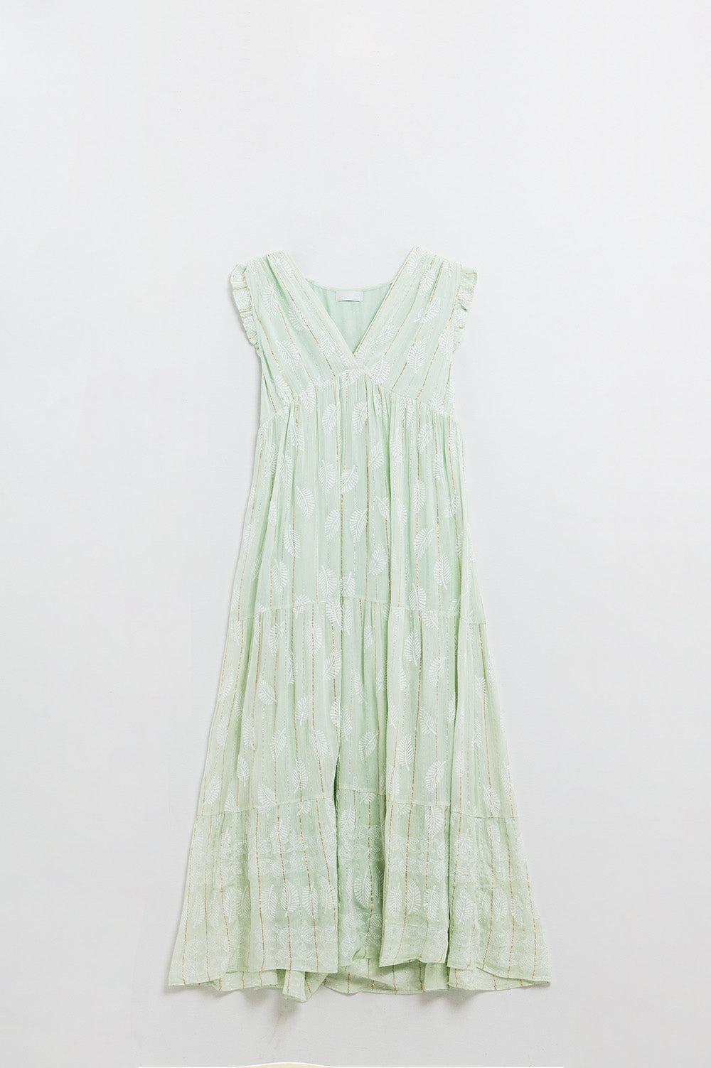 Boho Maxi Babydoll Dress With Leaf Print and Lurex in Mint