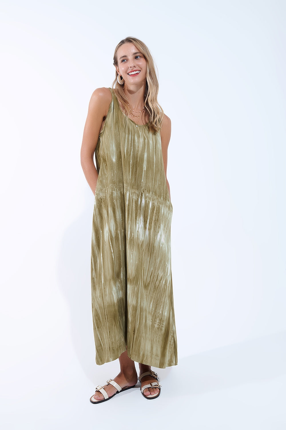 Boho Relaxed Dress in Kakhi Green Tie Dye in high quality fabric