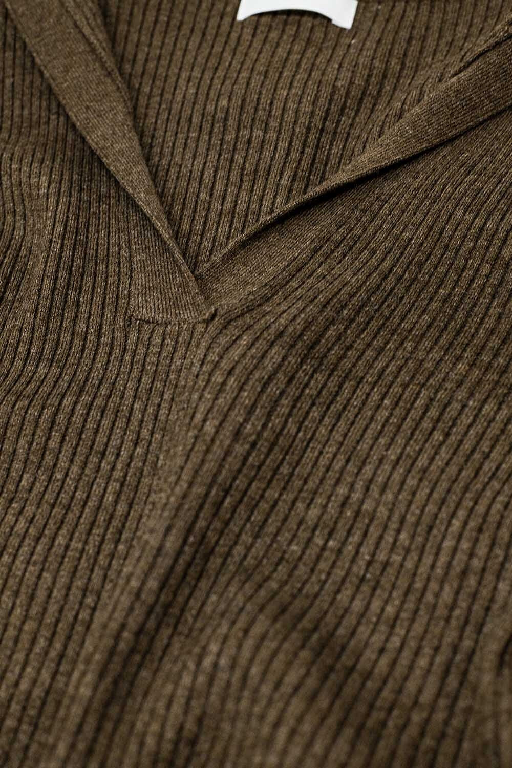 Brown Collared Rib Top With Long Sleeves