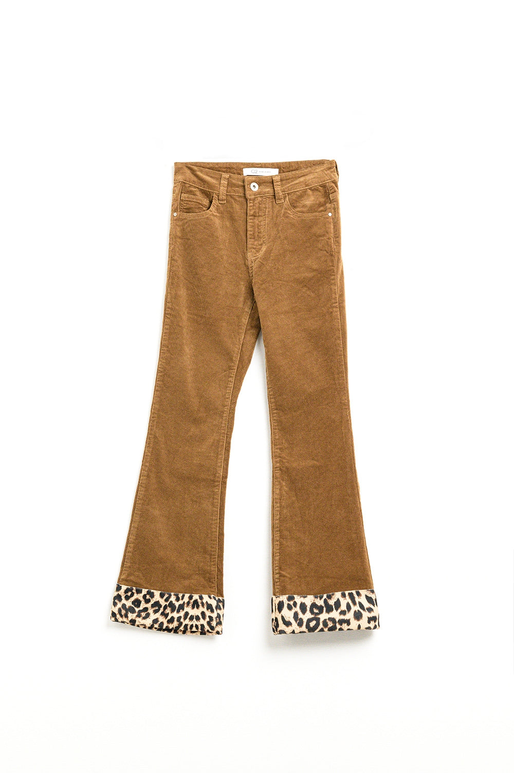 Brown corduroy flare pants with leopard print at the bottom
