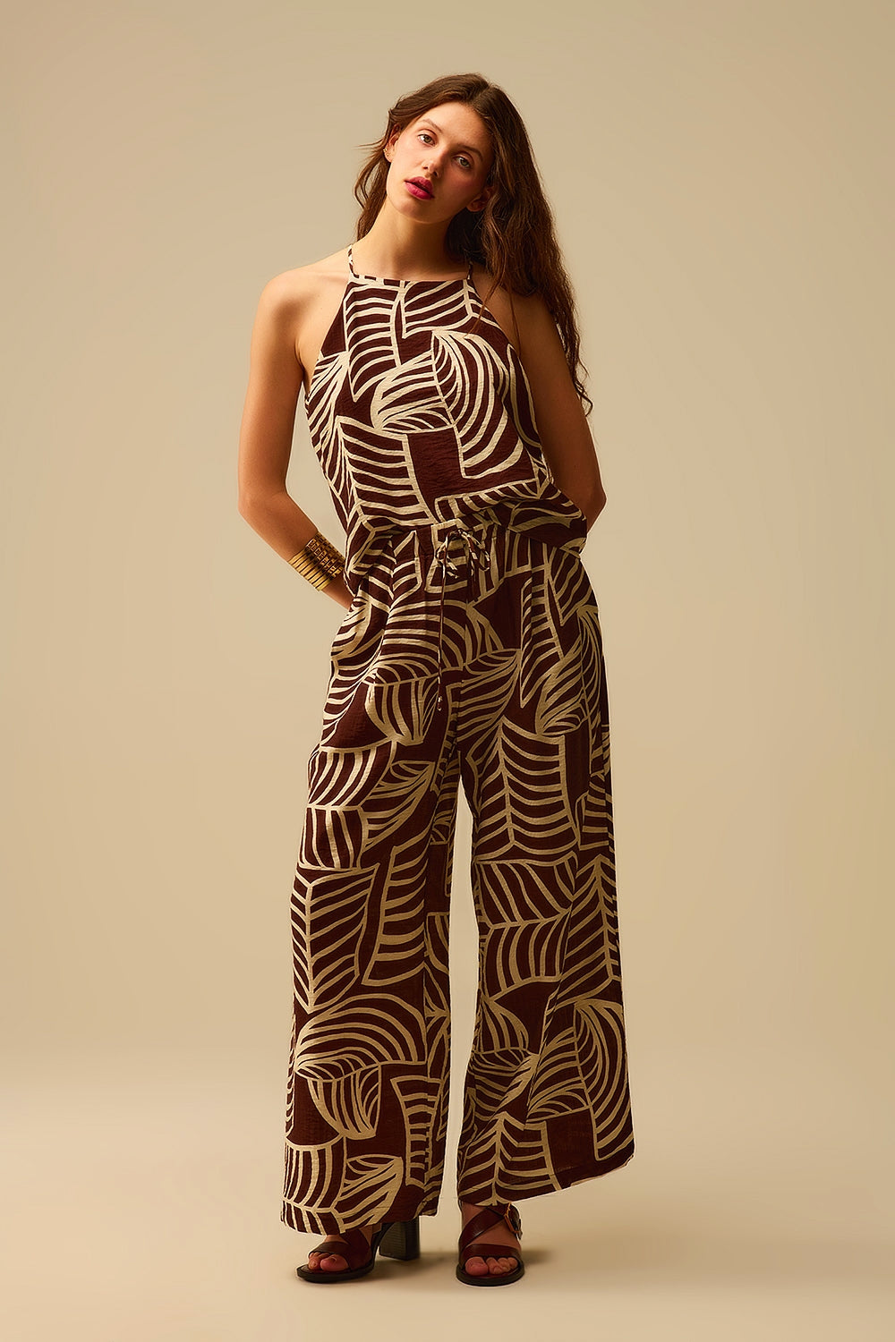 Brown Wide Leg Trousers with White Leaf Print