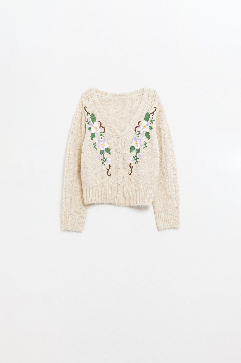 Cable Knit Beige Cardigan With embroidered Flowers