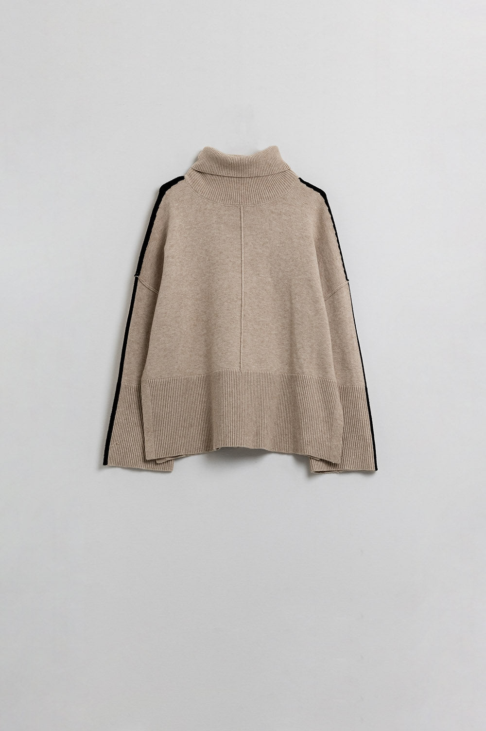 Camel turtleneck sweater with black side stripe