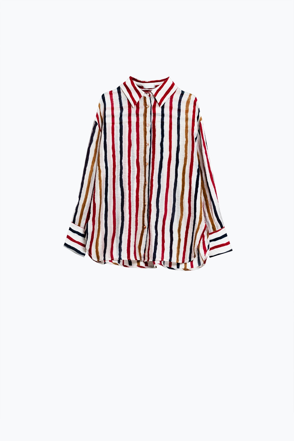 chiffon shirt met lange mouwen en veelkleurige strepen in rood en marineblauw
