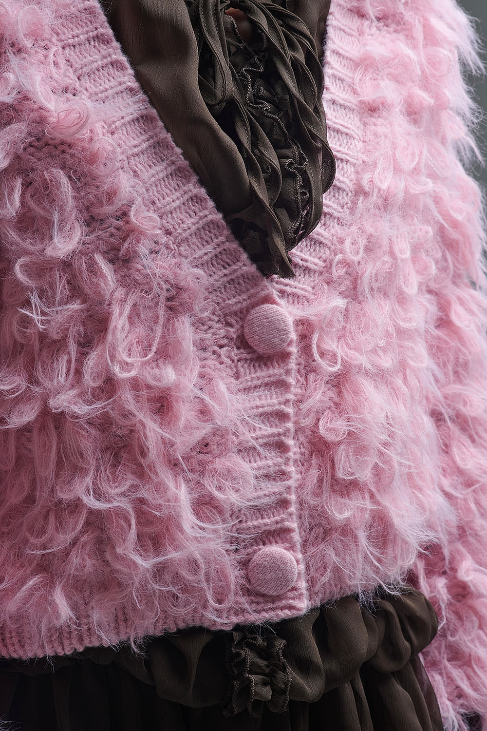 Chunky Shag Style Fluffy Knitted Cardigan in Pink