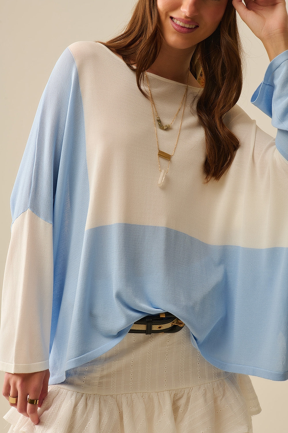 Color Block Bat Wing Sweater In White and blue
