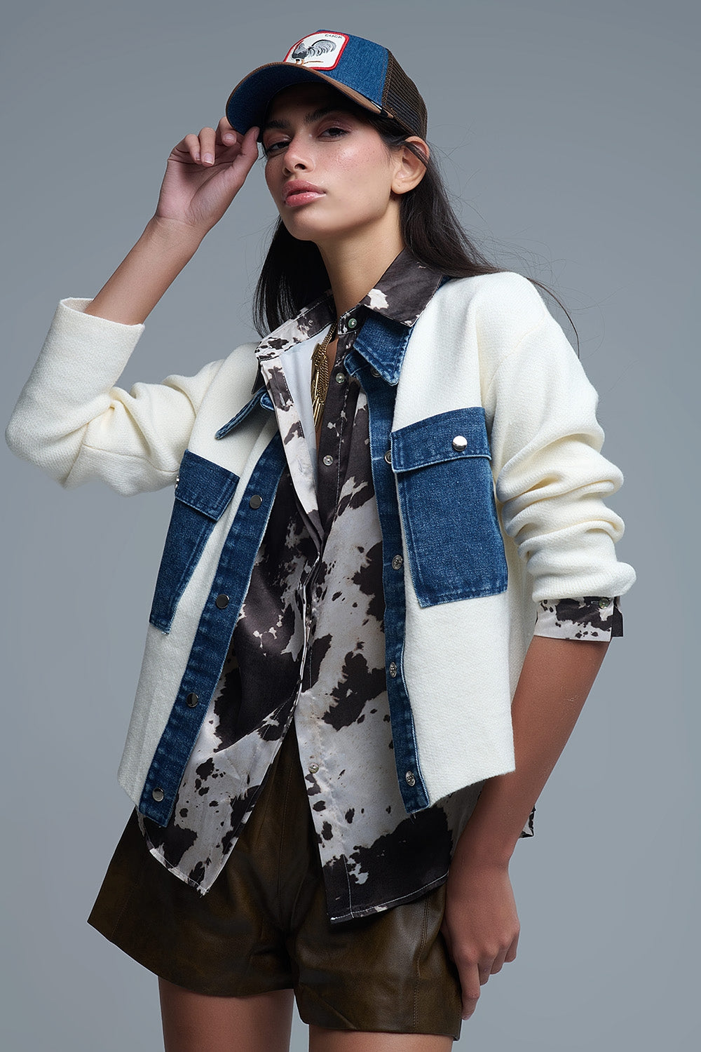 Cream Knitted Cardigan With Blue Denim Details