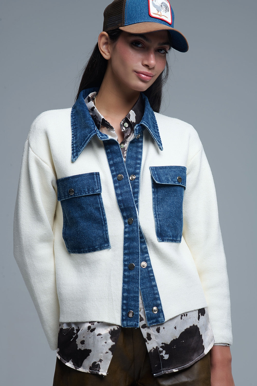 Cream Knitted Cardigan With Blue Denim Details