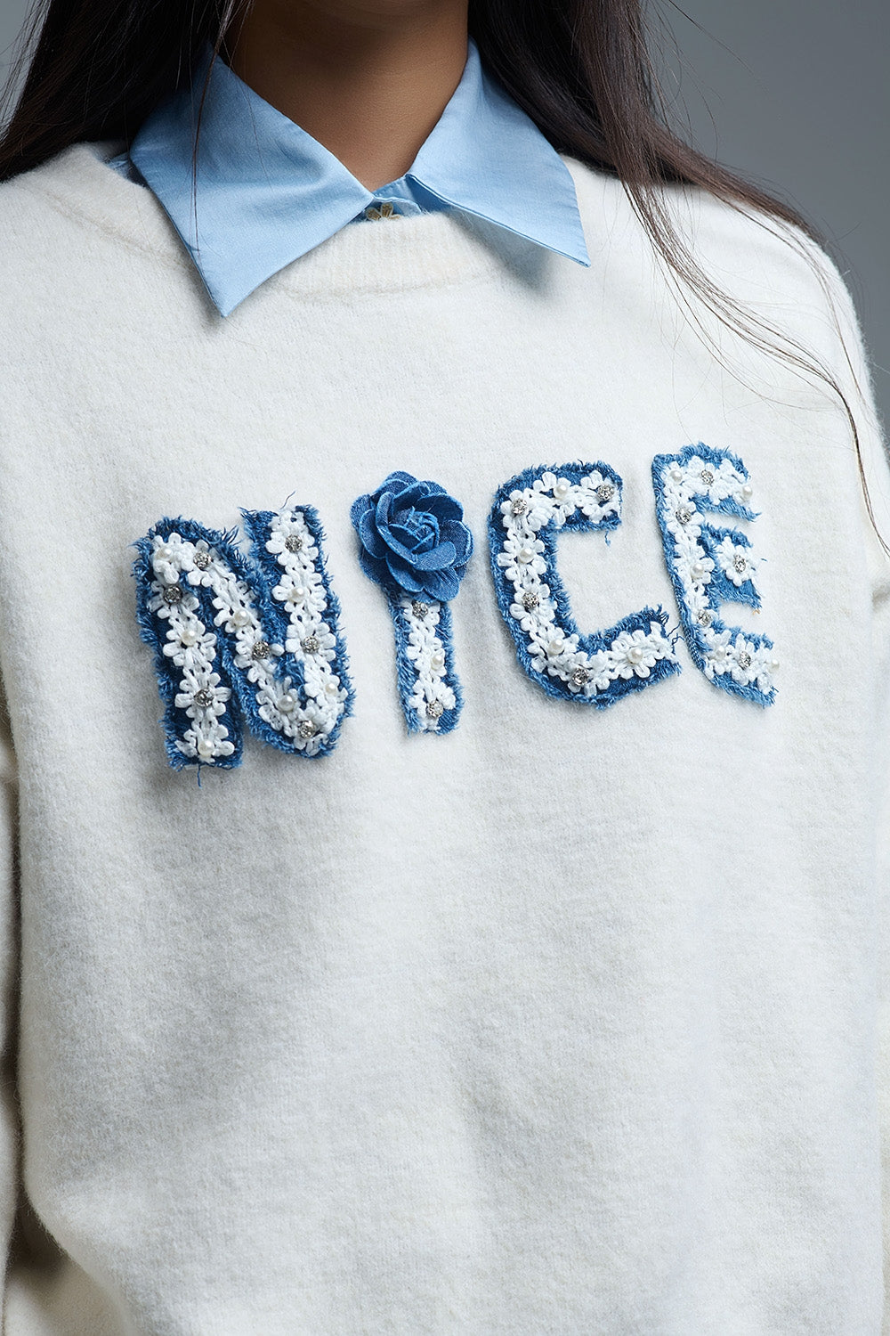 Cream Round Neck Sweater With Embroidered Nice