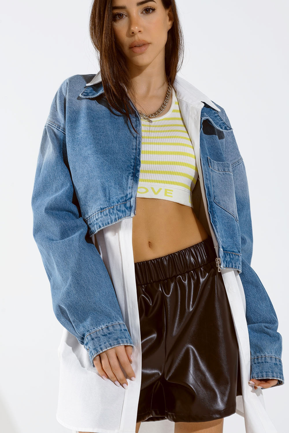 Cropped Denim Jacket with zipper closure and hand painted print at the back