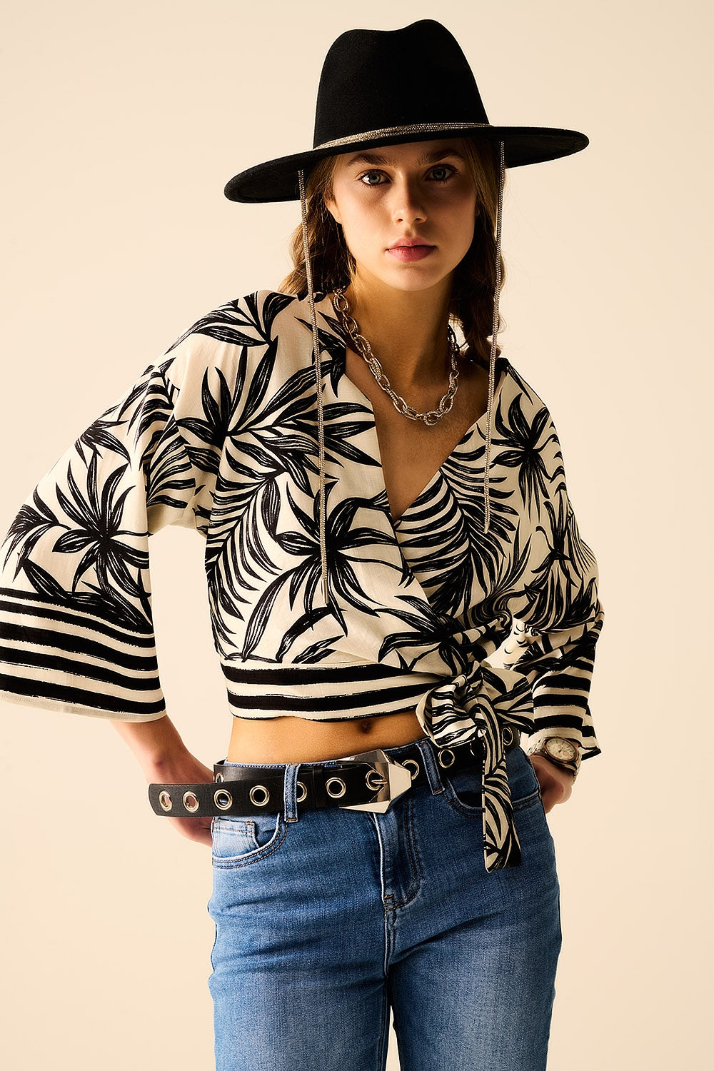 Cropped Top In White With Tropical Motif in Black