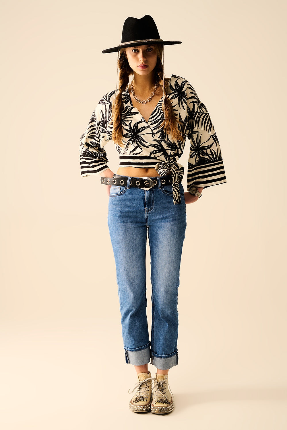 Cropped Top In White With Tropical Motif in Black