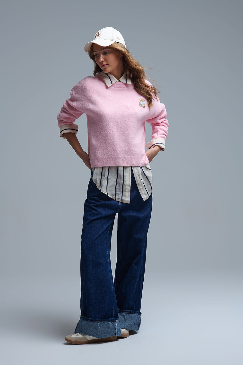 Cute Pink Cropped Bear Patch Sweater