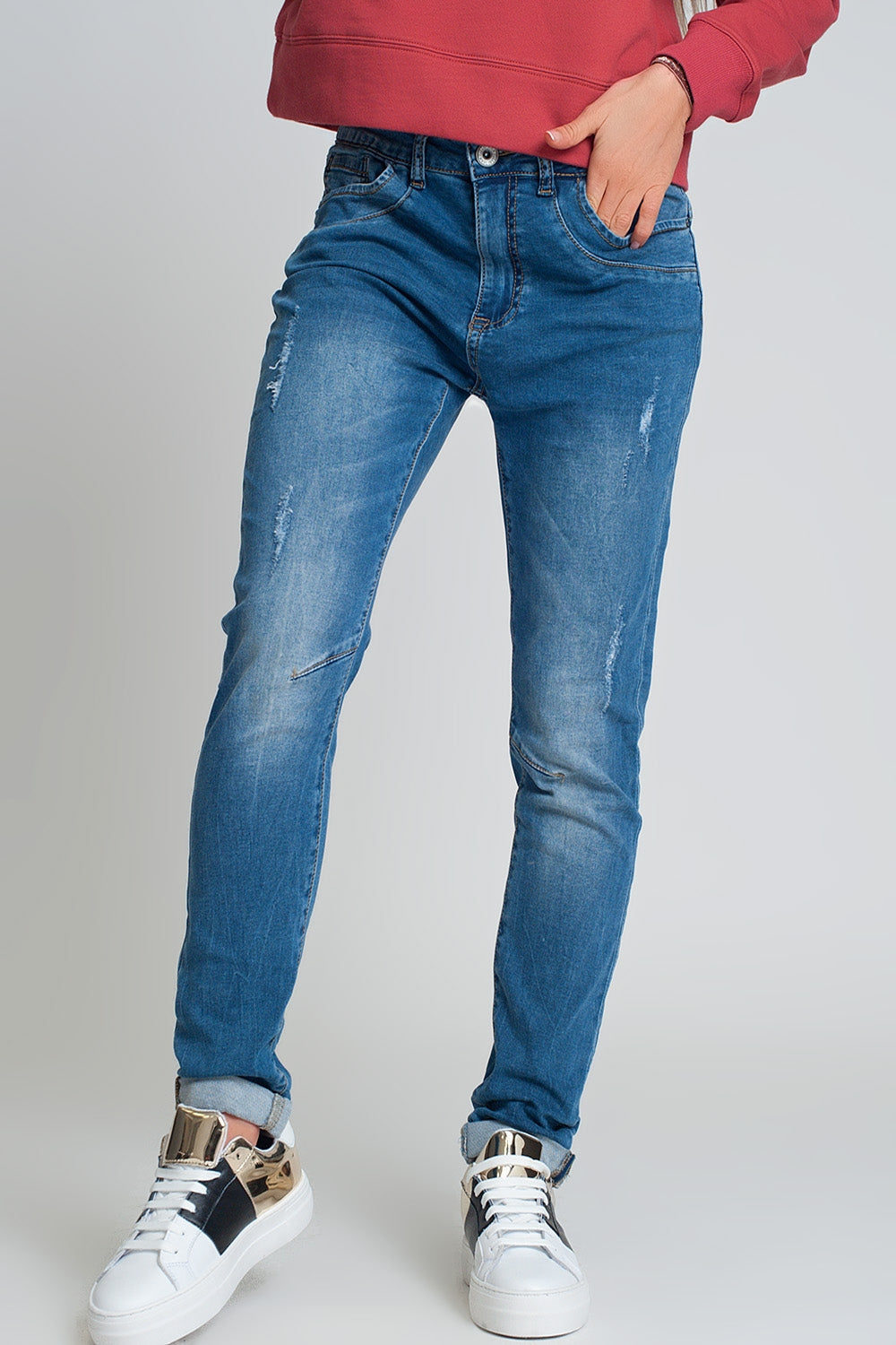 Q2 distressed boyfriend jeans blue denim