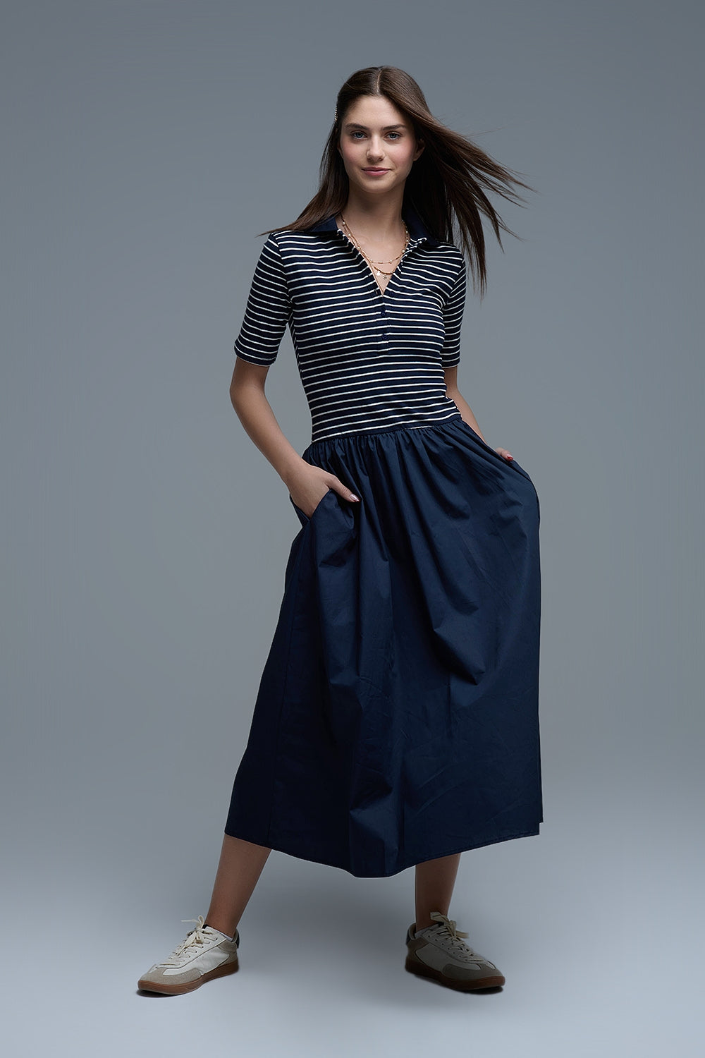 Dress With Polo Striped Top and Poplin midi Skirt in Navy
