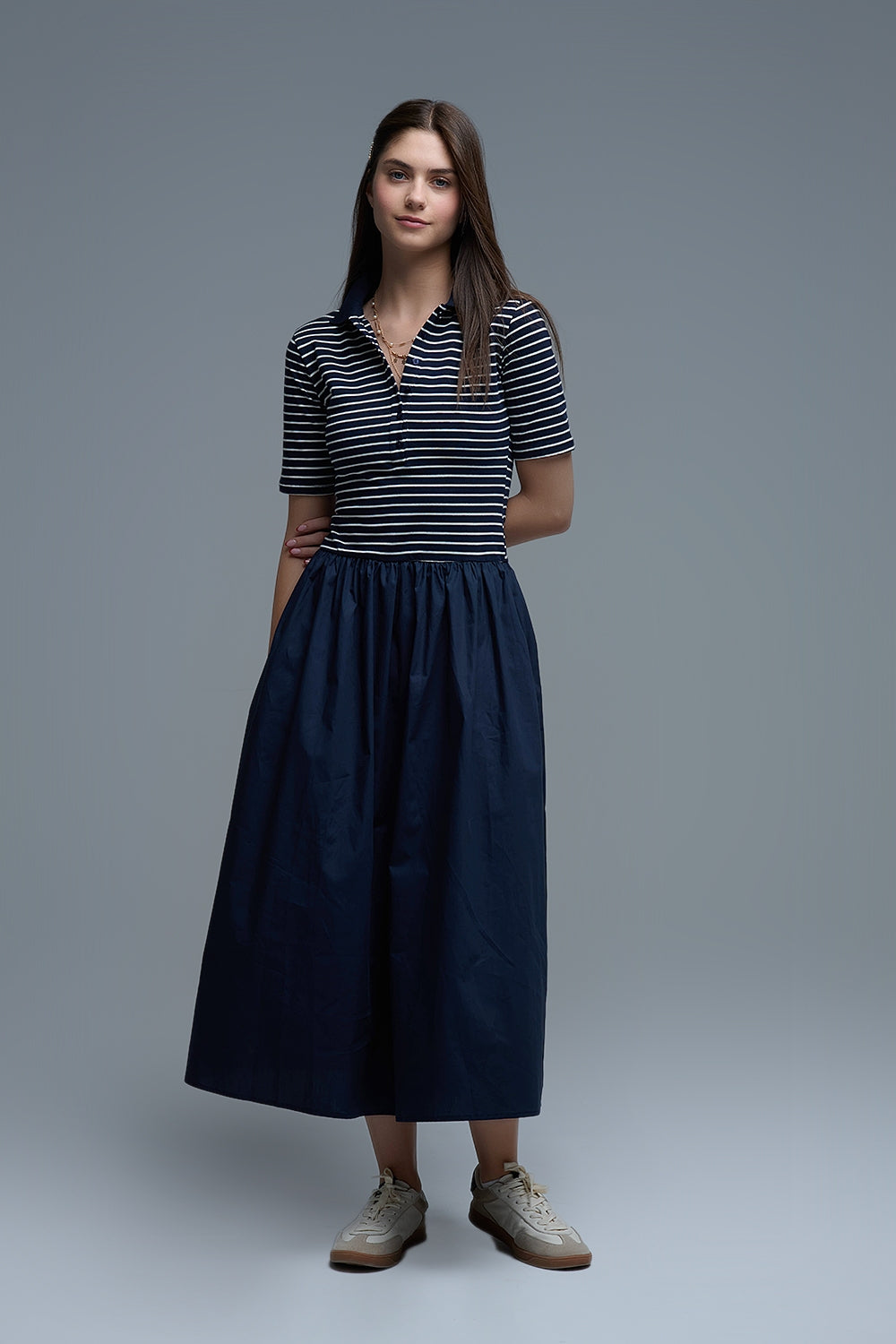 Dress With Polo Striped Top and Poplin midi Skirt in Navy