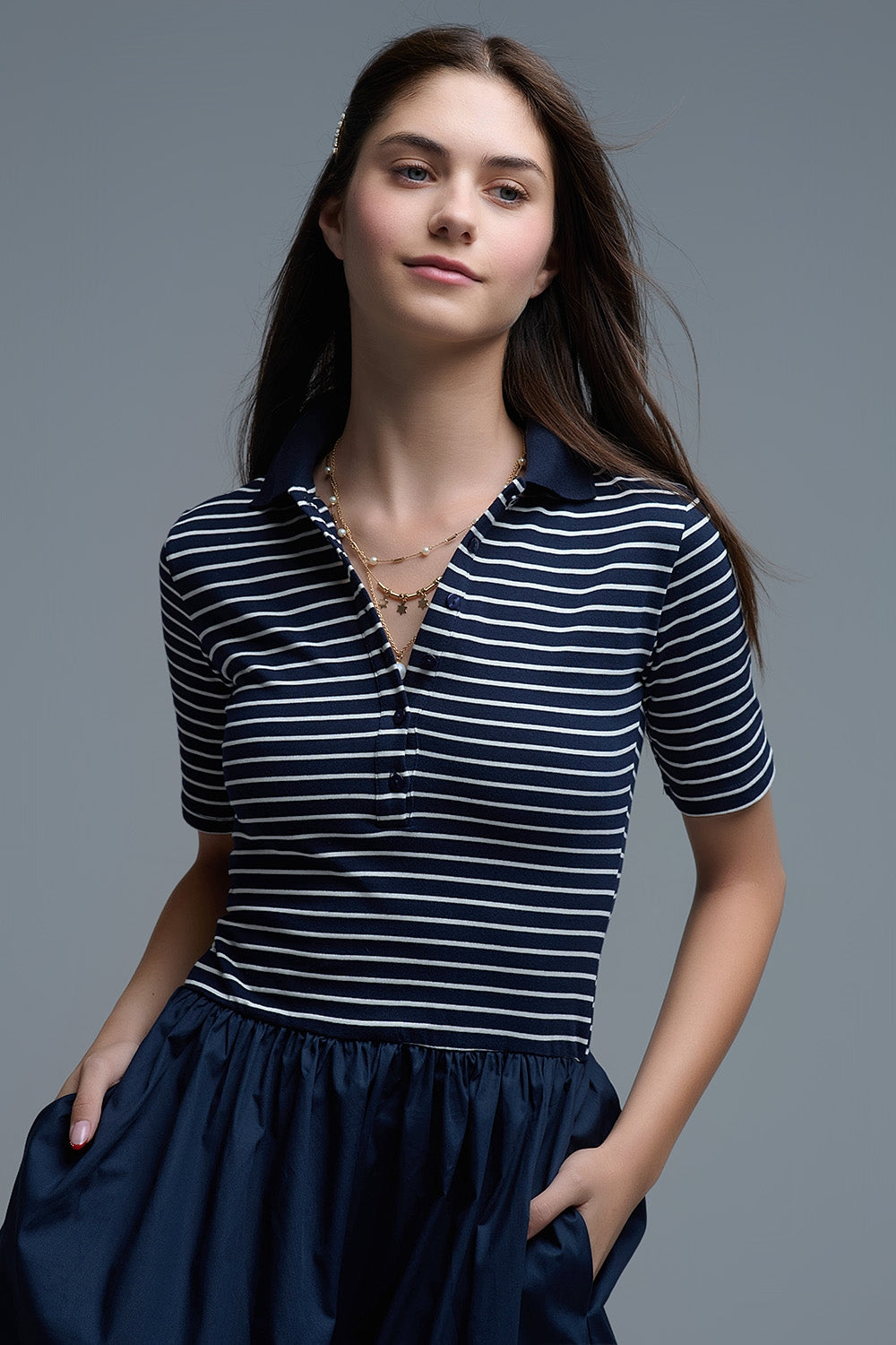 Dress With Polo Striped Top and Poplin midi Skirt in Navy
