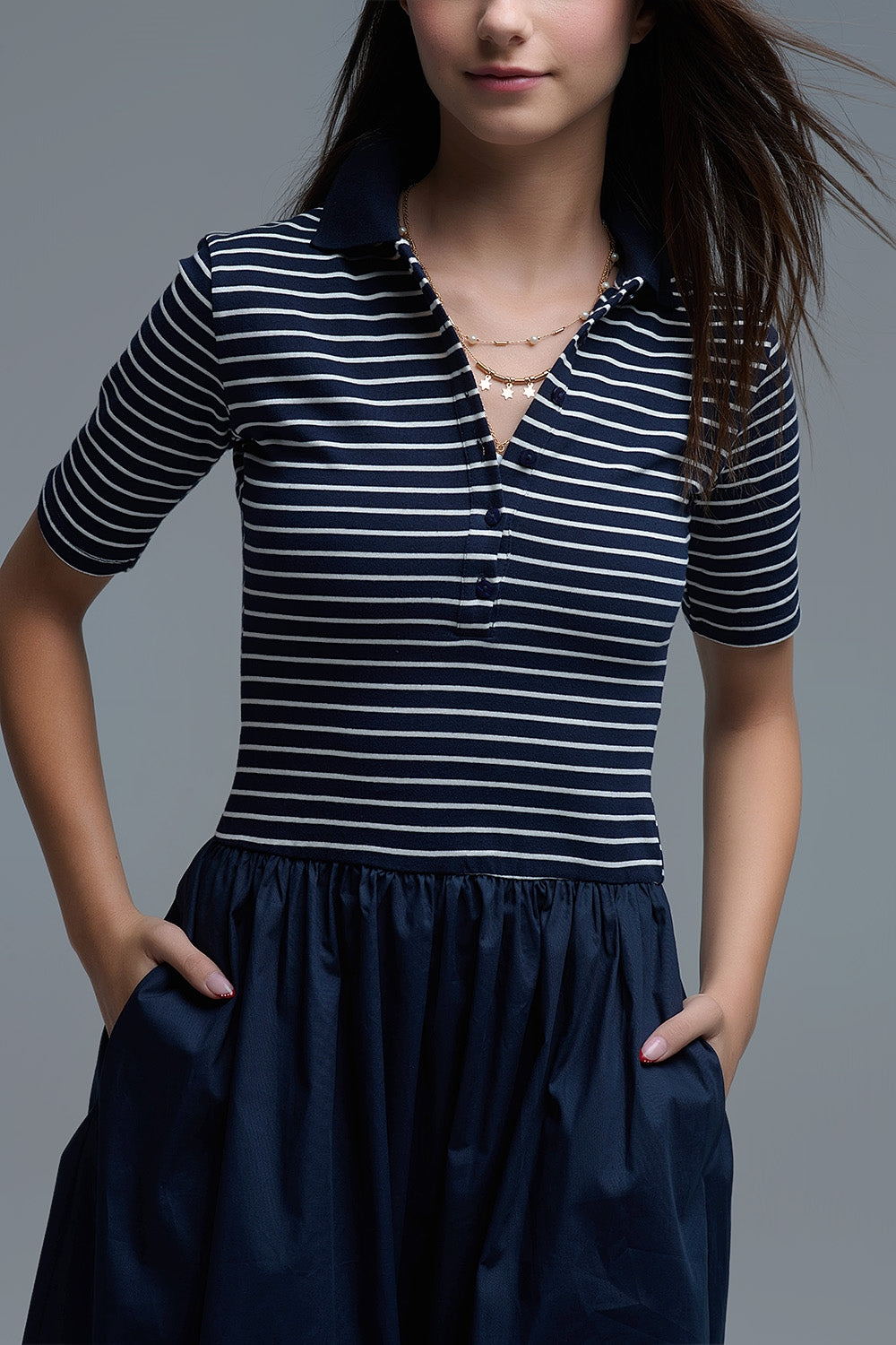 Dress With Polo Striped Top and Poplin midi Skirt in Navy