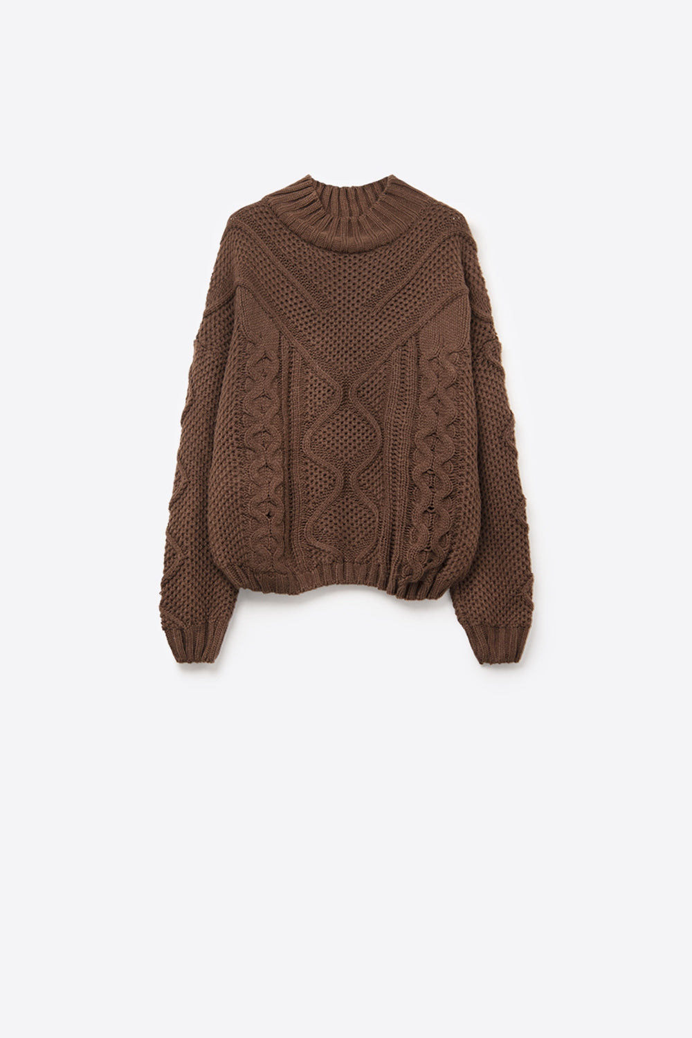 Dropped Shoulder Chunky Cable Knit Brown Pullover