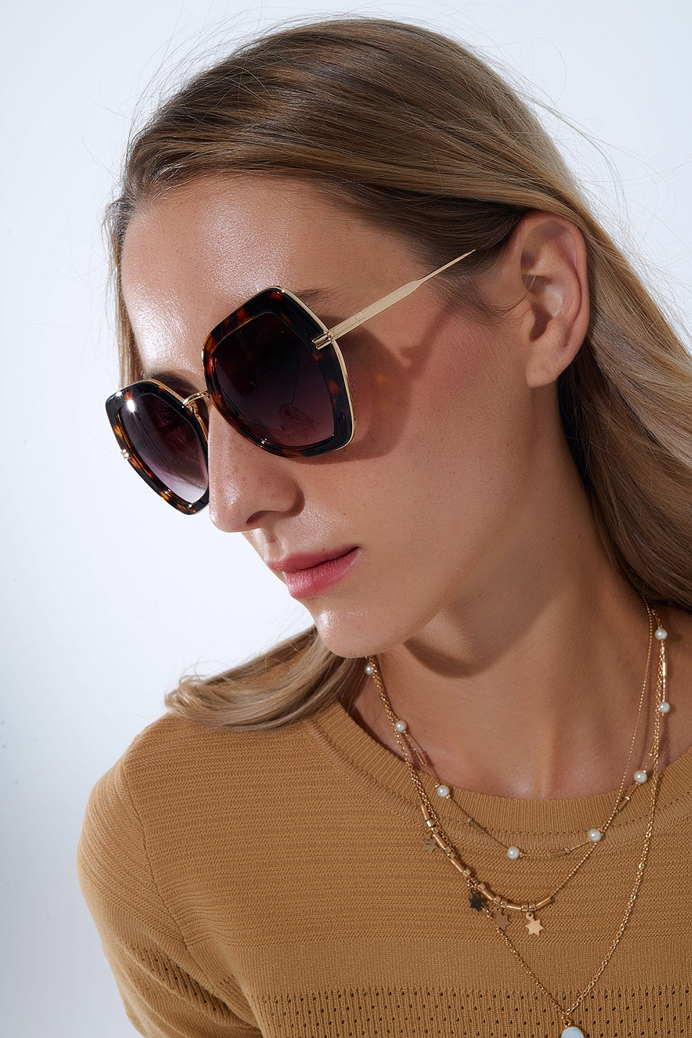 Extra grote zeshoekige cat eye zonnebril in schildpadmotief