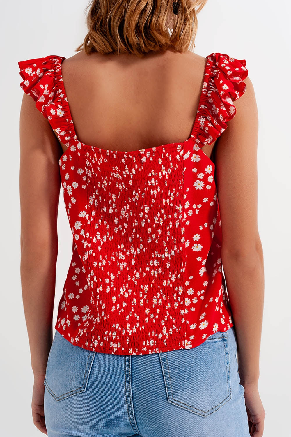 Top cami com alças e folhos em estampado floral vermelho